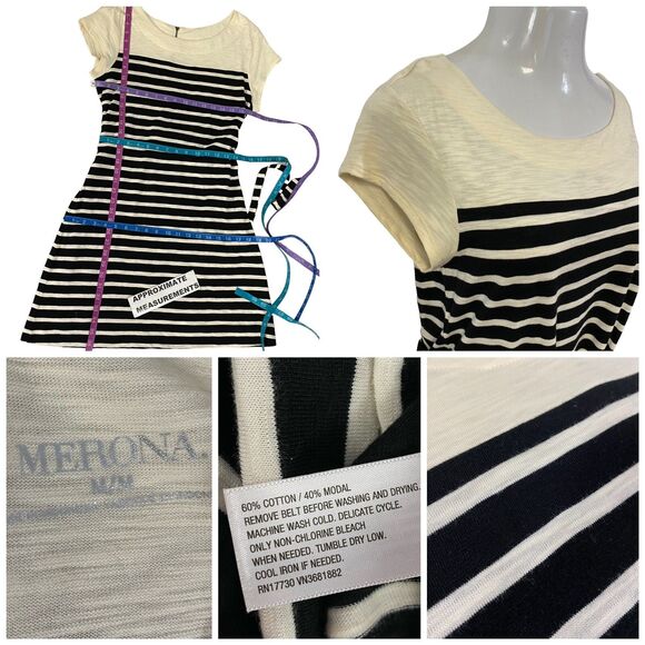 Merona Dress Womens Medium Stripe Belted Coastal Preppy Nautical Black Cream - Picture 4 of 15